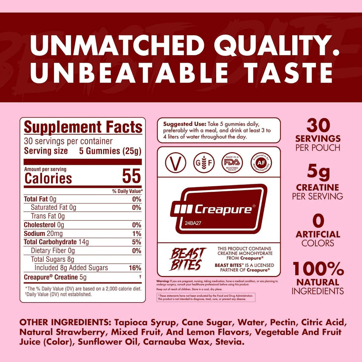 Creatine Gummies - 5G Creatine Monohydrate per Serving - No Sugar or Artificial Colors - Low-Calorie, Vegan & Halal - Made in the USA - 30 Servings