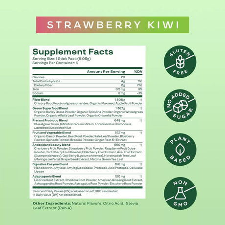 BLOOM NUTRITION Greens and Superfoods Powder Stick Pack - Strawberry Kiwi - 5Ct - Supply Center USA