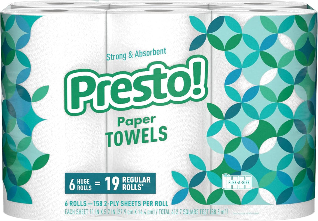 Amazon Brand - Presto! Flex-A-Size Paper Towels, 158 Sheet Huge Roll, 12 Rolls (2 Packs of 6), Equivalent to 38 Regular Rolls, White
