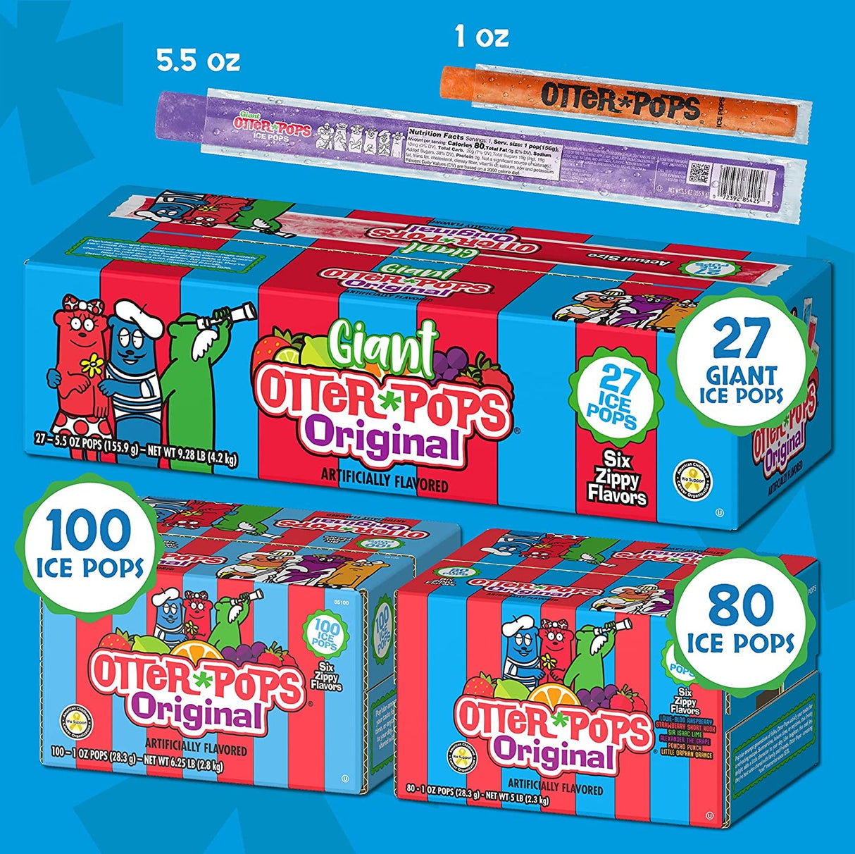 Otter Pops, Giant Original 5.5Oz, 27 Ice Pops, Six Zippy Flavors