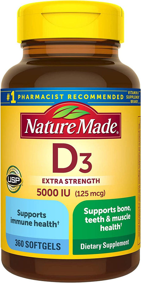 Nature Made Extra Strength Vitamin D3 5000 IU (125 Mcg), Dietary Supplement for Bone, Teeth, Muscle and Immune Health Support, 180 Softgels, 180 Day Supply - Supply Center USA