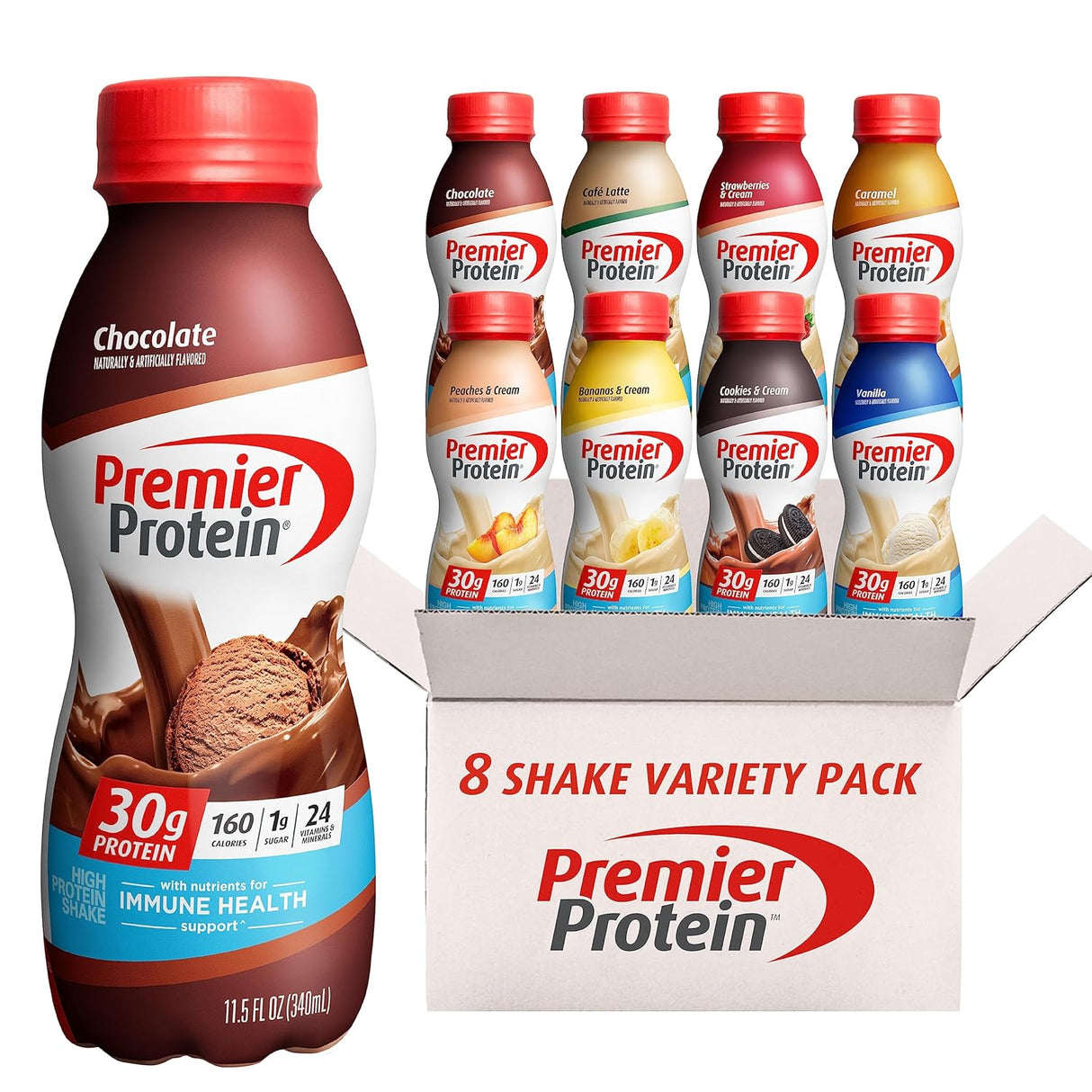 Premier Protein, Protein Shake, 8 Flavor Variety Pack, 30G Protein, 1G Sugar, 24 Vitamins & Minerals, Nutrients to Support Immune Health 11.5 Fl Oz (8 Pack)