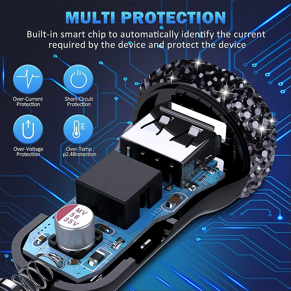Dual USB Car Charger Quick Charge 3.0 Car Adapter Fast Charging Charger Compatible with Iphone 11/11Pro/ Max/Xs/Xr/X/10,Ipad,Samsung S10/S10+/S9,Google Pixel 4/4 XL Etc,Bling Car Decor,Black