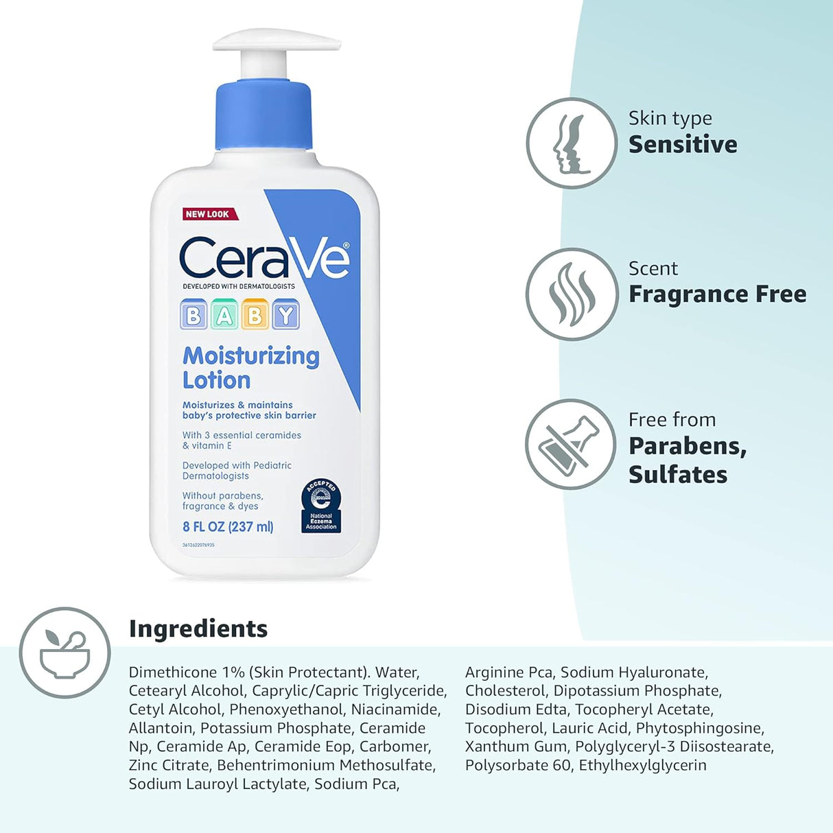 Cerave Baby Lotion | Gentle Baby Skin Care with Ceramides, Niacinamide & Vitamin E | Fragrance, Paraben, Dye & Phthalates Free | Lightweight Baby Moisturizer | 8 Ounce | Packaging May Vary