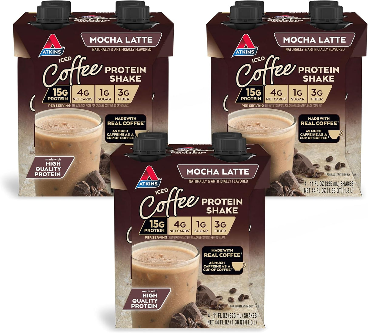 Atkins Mocha Latte Iced Coffee Protein Shake, 15G Protein, Low Glycemic, 4G Net Carb, 1G Sugar, Keto Friendly.