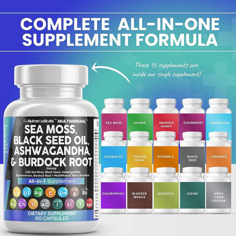 Sea Moss 3000Mg Black Seed Oil 2000Mg Ashwagandha 1000Mg Turmeric 1000Mg Bladderwrack 1000Mg Burdock 1000Mg & Vitamin C & D3 with Elderberry Manuka Dandelion Yellow Dock Iodine Chlorophyll ACV - Supply Center USA