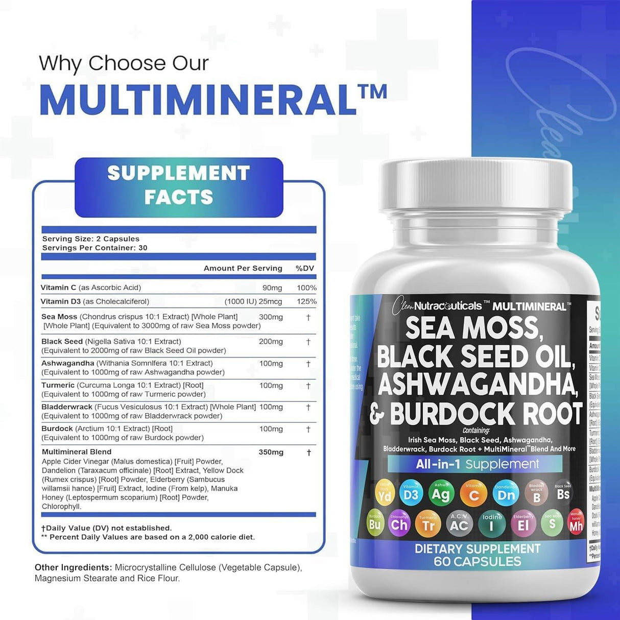 Sea Moss 3000Mg Black Seed Oil 2000Mg Ashwagandha 1000Mg Turmeric 1000Mg Bladderwrack 1000Mg Burdock & Vitamin C Vitamin D3 with Elderberry Manuka Dandelion Yellow Dock Iodine Chlorophyll ACV - 2Pack - Supply Center USA