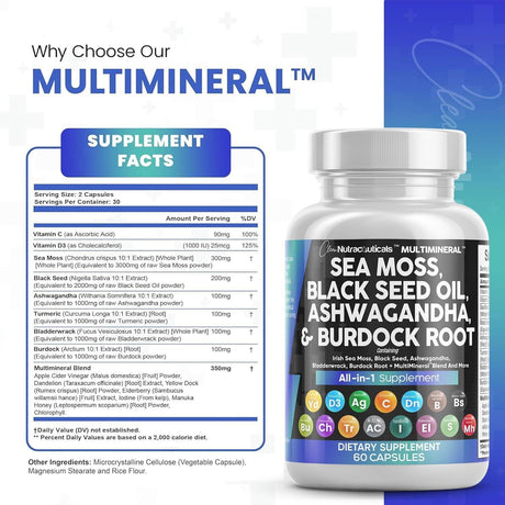 Sea Moss 3000Mg Black Seed Oil 2000Mg Ashwagandha 1000Mg Turmeric 1000Mg Bladderwrack 1000Mg Burdock 1000Mg & Vitamin C & D3 with Elderberry Manuka Dandelion Yellow Dock Iodine Chlorophyll ACV - Supply Center USA