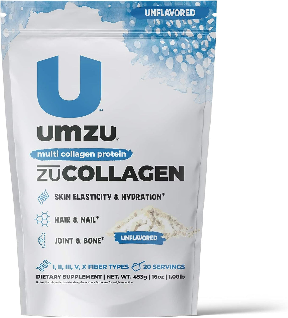 UMZU Zucollagen Hydrolyzed Protein Powder | 5 Collagen Peptide Types for Healthy Hair, Skin, Nails, Joints & Gut | Low Calorie, High Protein (20G Protein per Serving | Unflavored)