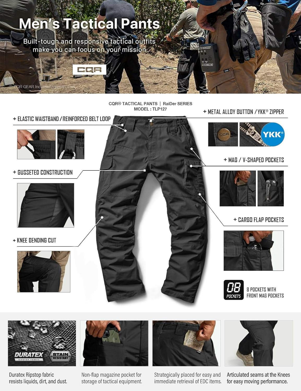 CQR Men'S Tactical Pants, Water Resistant Ripstop Cargo Pants, Lightweight EDC Work Hiking Pants, Outdoor Apparel