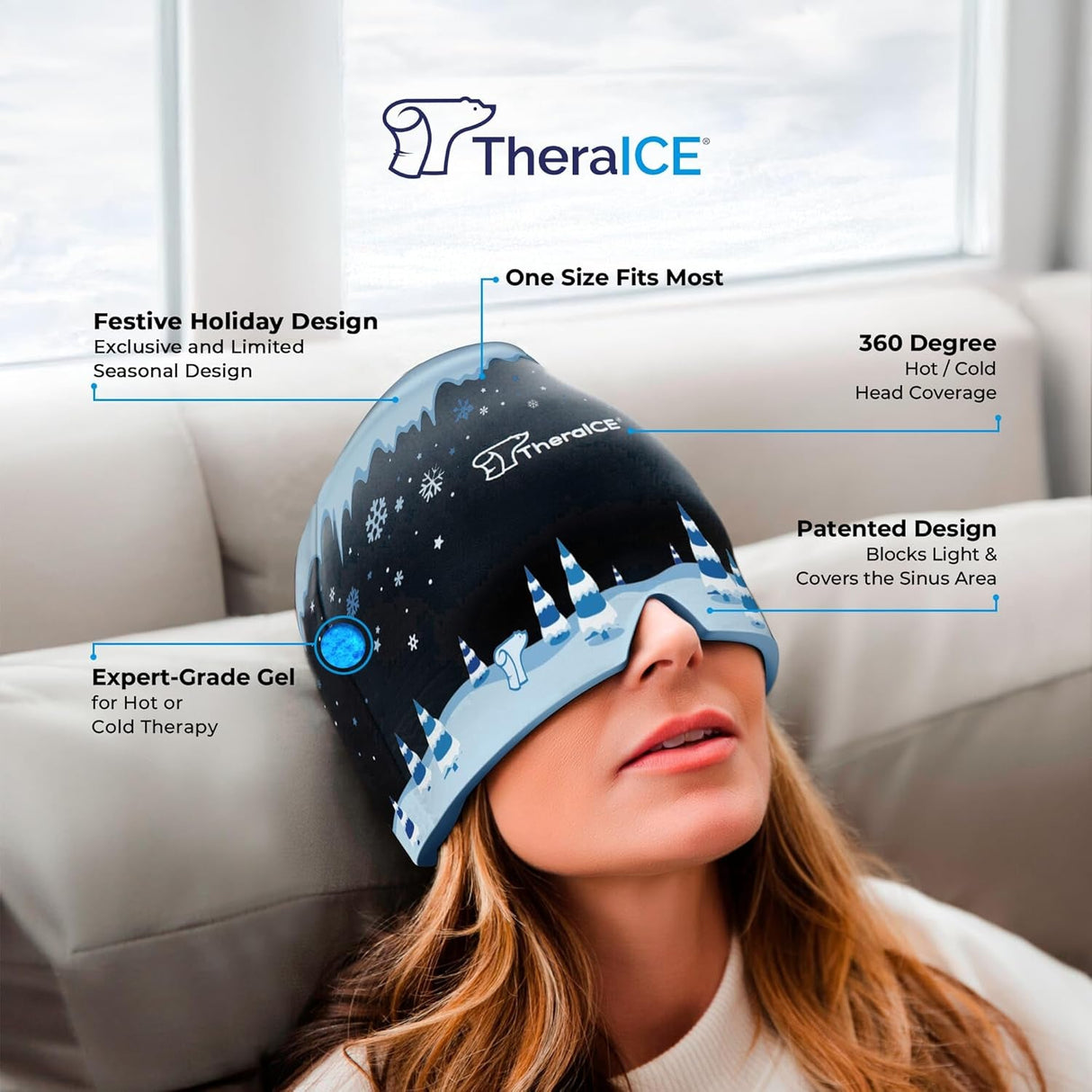Theraice Migraine Relief Cap, Cooling Gel Hat, Soothing Headache Ice Pack Mask Products, Face Cold Compress Head Wrap for Tension & Stress