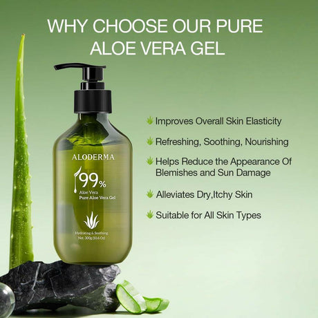 Aloderma 99% Organic Aloe Vera Gel Made within 12 Hours of Harvest - Lightweight, Non-Sticky Aloe Gel for Face and Body, Sunburn Relief, Natural, Soothing Hydrating Aloe Vera for Scalp & Hair, 10.6Oz - Supply Center USA