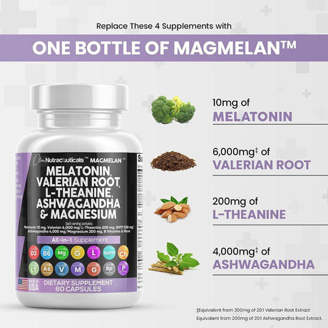 Clean Nutraceuticals Melatonin 10Mg Valerian Root 6000Mg L Theanine 200Mg Ashwagandha 4000Mg - Sleep Support for Women & Men with Magnesium Complex, Lemon Balm, Chamomile, & Passion Flower - 60 Caps - Supply Center USA