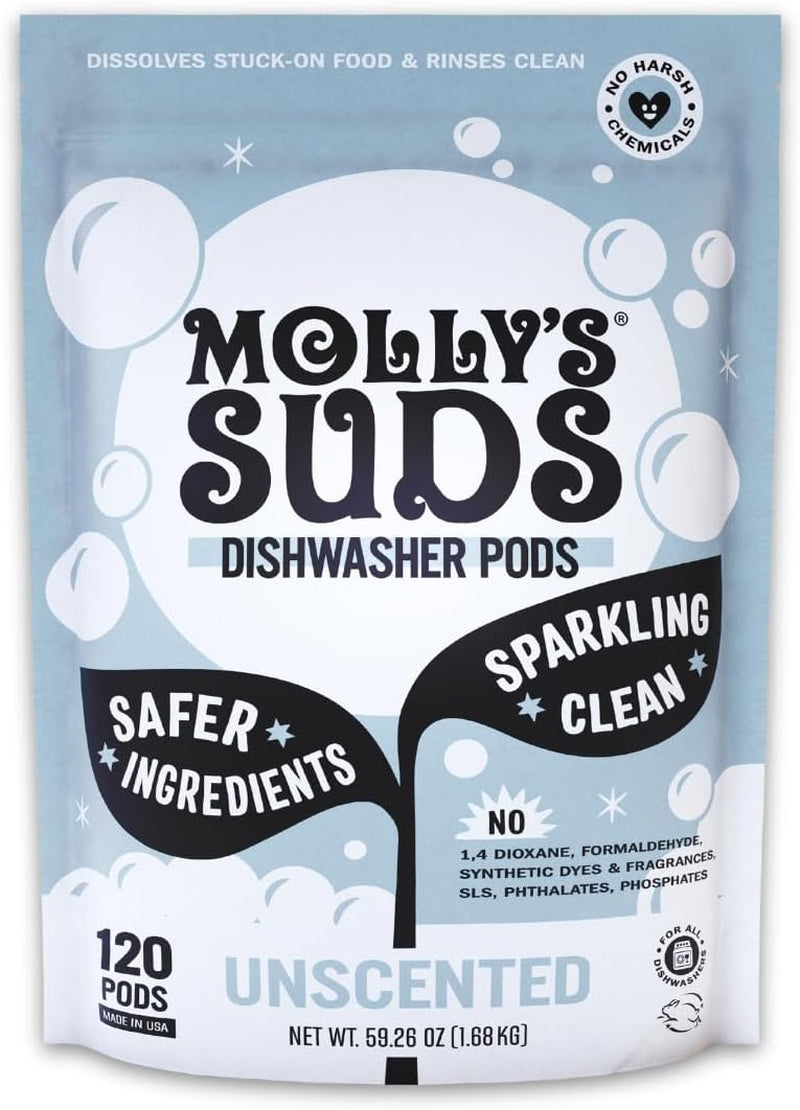 Molly'S Suds Dishwasher Pods | Clean Dishwasher Detergent, Cuts Grease & Rinses Clean (Residue-Free) for Sparkling Dishes | 60 Auto-Release Tabs (Unscented)
