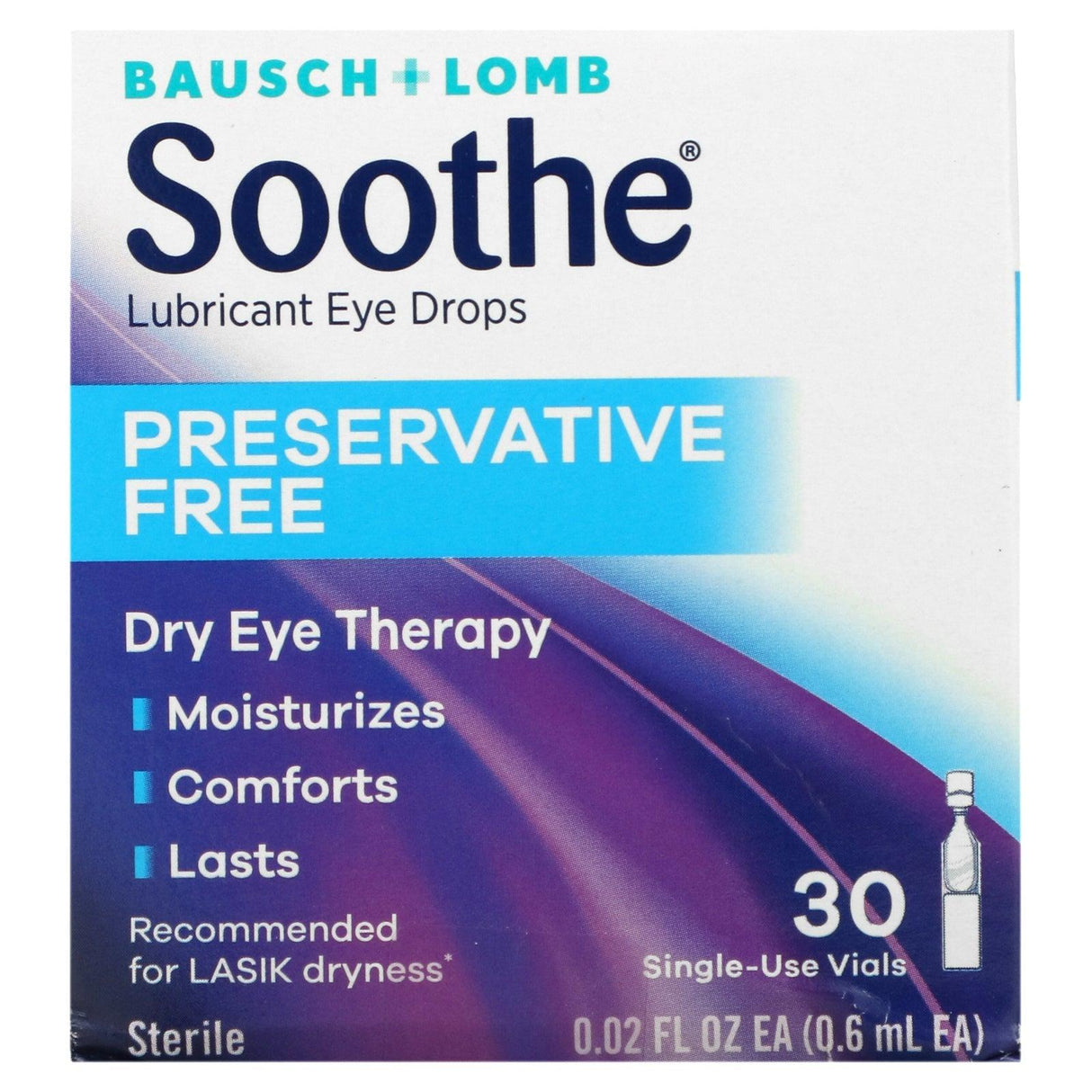 Bausch + Lomb, Soothe, Lubricant Eye Drops, Preservative Free, 30 Single-Use Vials, 0.02 fl oz (0.6 ml) Each - Supply Center USA
