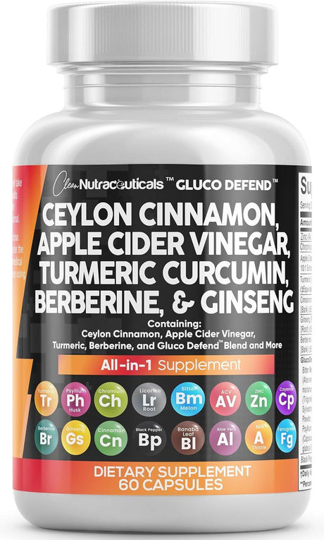 Clean Nutraceuticals Ceylon Cinnamon 3000Mg Turmeric 3000Mg Apple Cider Vinegar 3000Mg Ginseng 2000Mg Berberine 1200Mg plus Bitter Melon Gymnema Milk Thistle Fenugreek - Supply Center USA