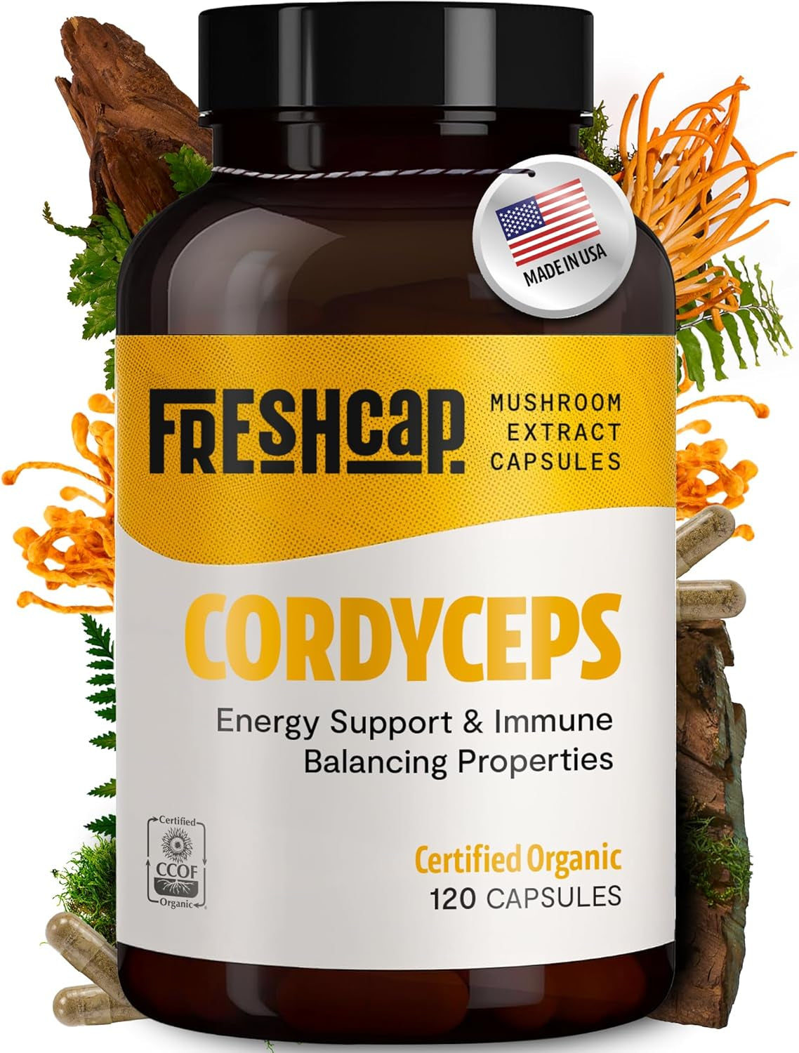 Freshcap Ultimate Mushroom Complex - Ayurveda Lions Mane, Reishi, Cordyceps, Chaga, Turkey Tail, Maitake - Immune Support & Nootropic Supplements for Immunity, Energy, Memory & Focus (120 Capsules)