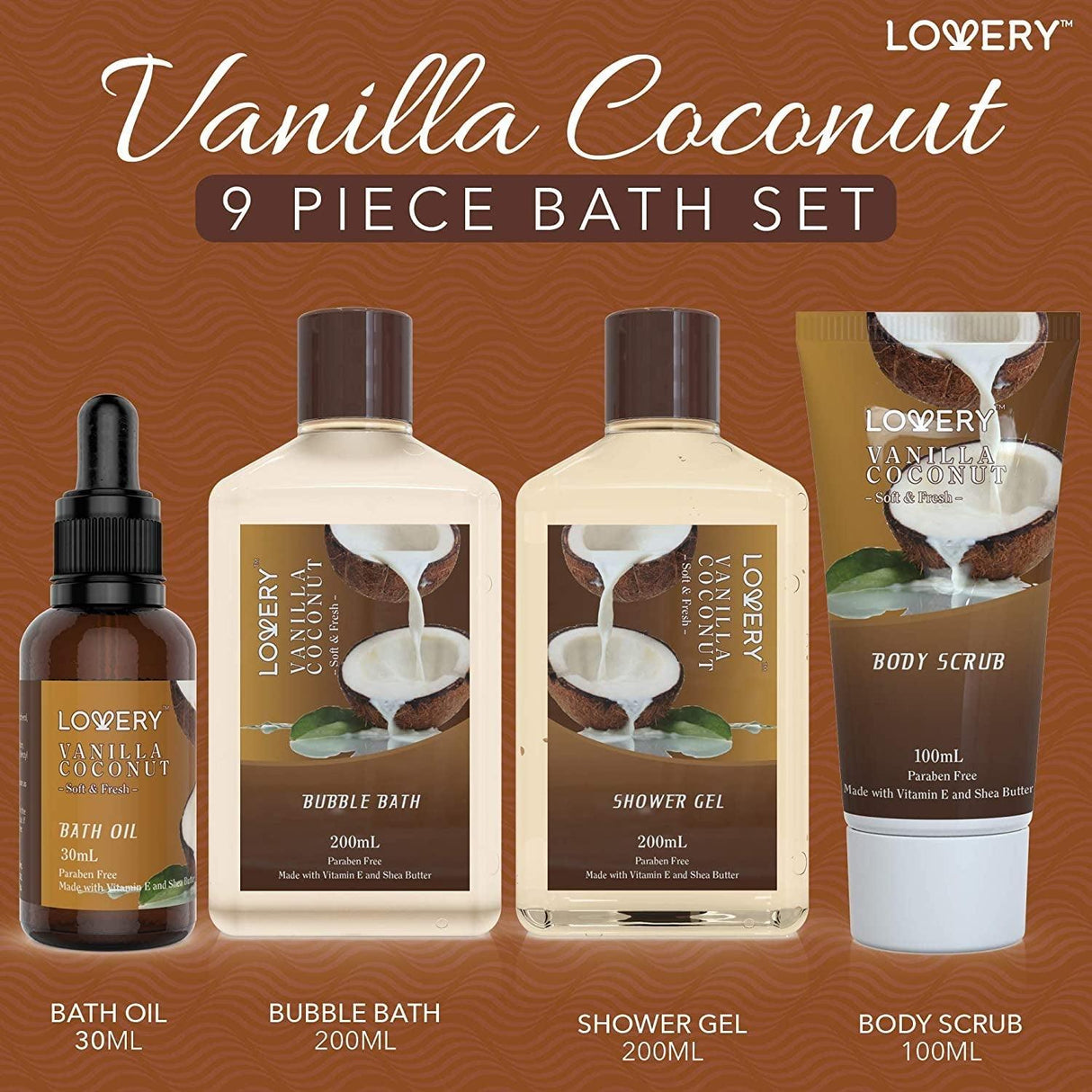 Bath and Body Gift Basket for Women and Men – 9 Piece Set of Vanilla Coconut Home Spa Set, Includes Fragrant Lotions, Extra Large Bath Bombs, Coconut Oil, Luxurious Bath Towel & More - Supply Center USA