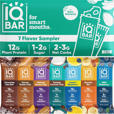 IQBAR Brain and Body Plant Protein Bars - 7 Bar Sampler Pack - Low Carb, High Fiber, Gluten Free, Healthy Vegan Snacks - Low Sugar Keto Energy Bars