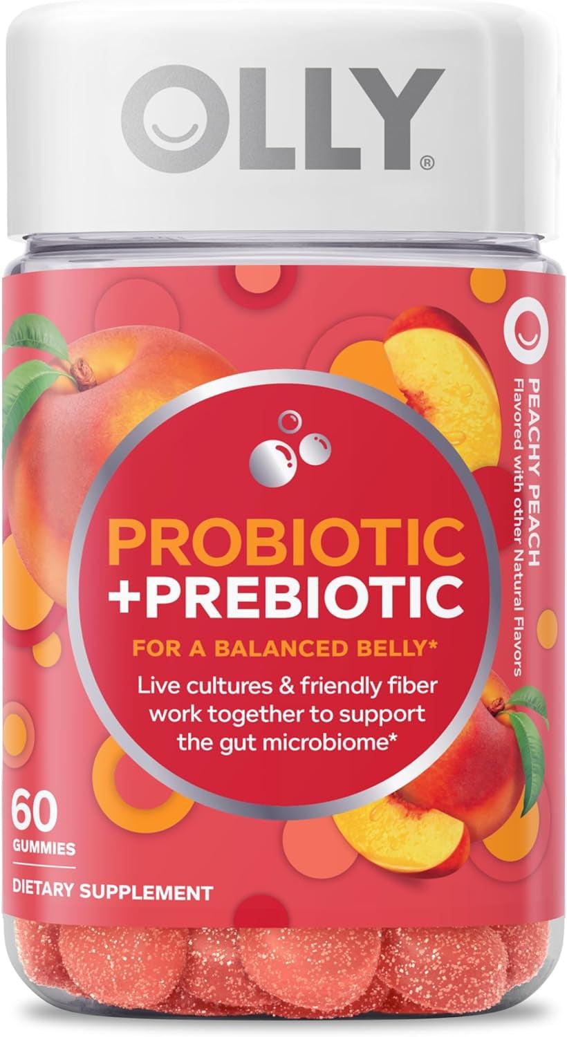 OLLY Probiotic + Prebiotic Gummy, Digestive Support and Gut Health, 500 Million Cfus, Fiber, Adult Chewable Supplement for Men and Women, Peach, 30 Day Supply - 30 Count - Supply Center USA