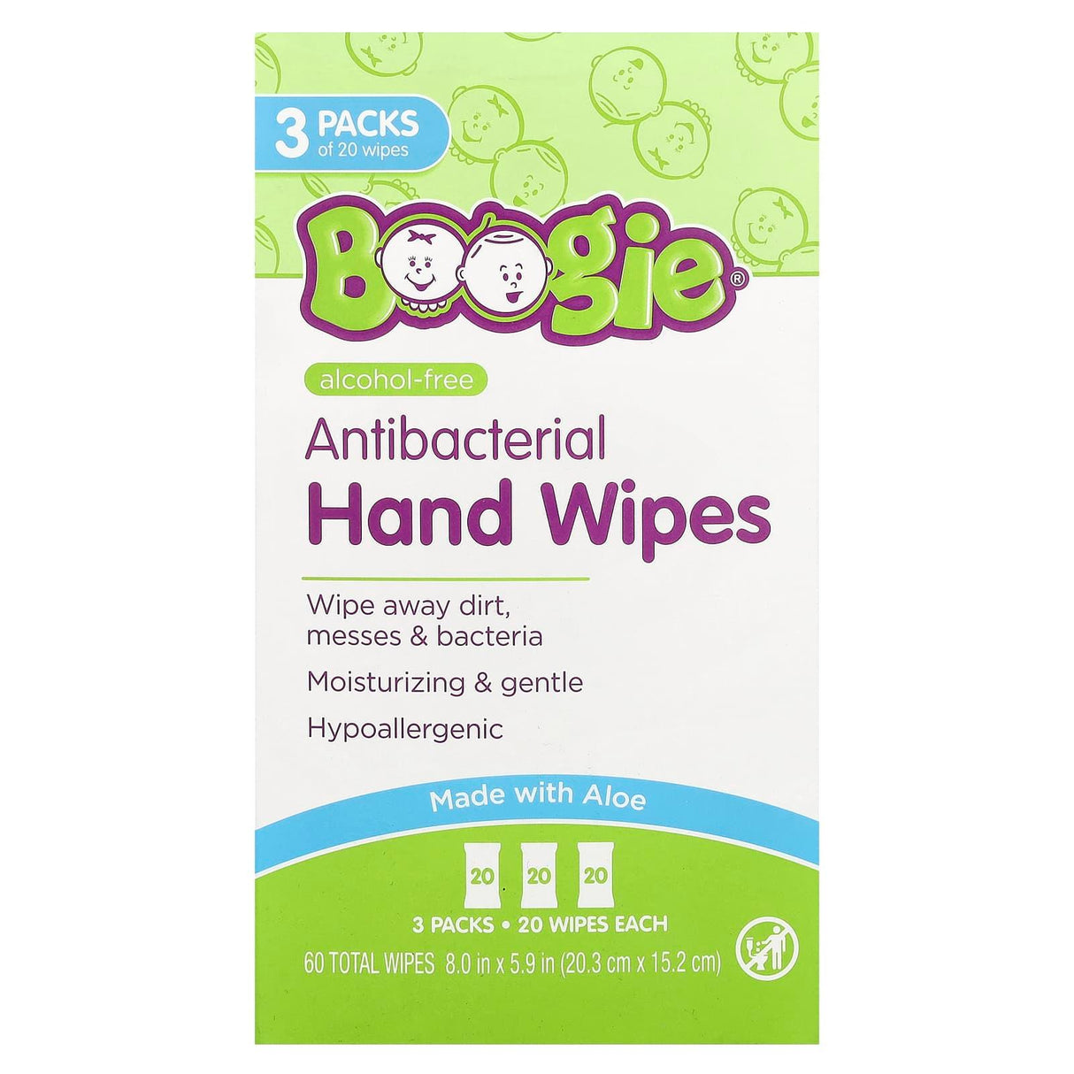 Boogie Wipes, Antibacterial Hand Wipes, Alcohol Free, 3 Packs, 20 Wipes Each - Supply Center USA