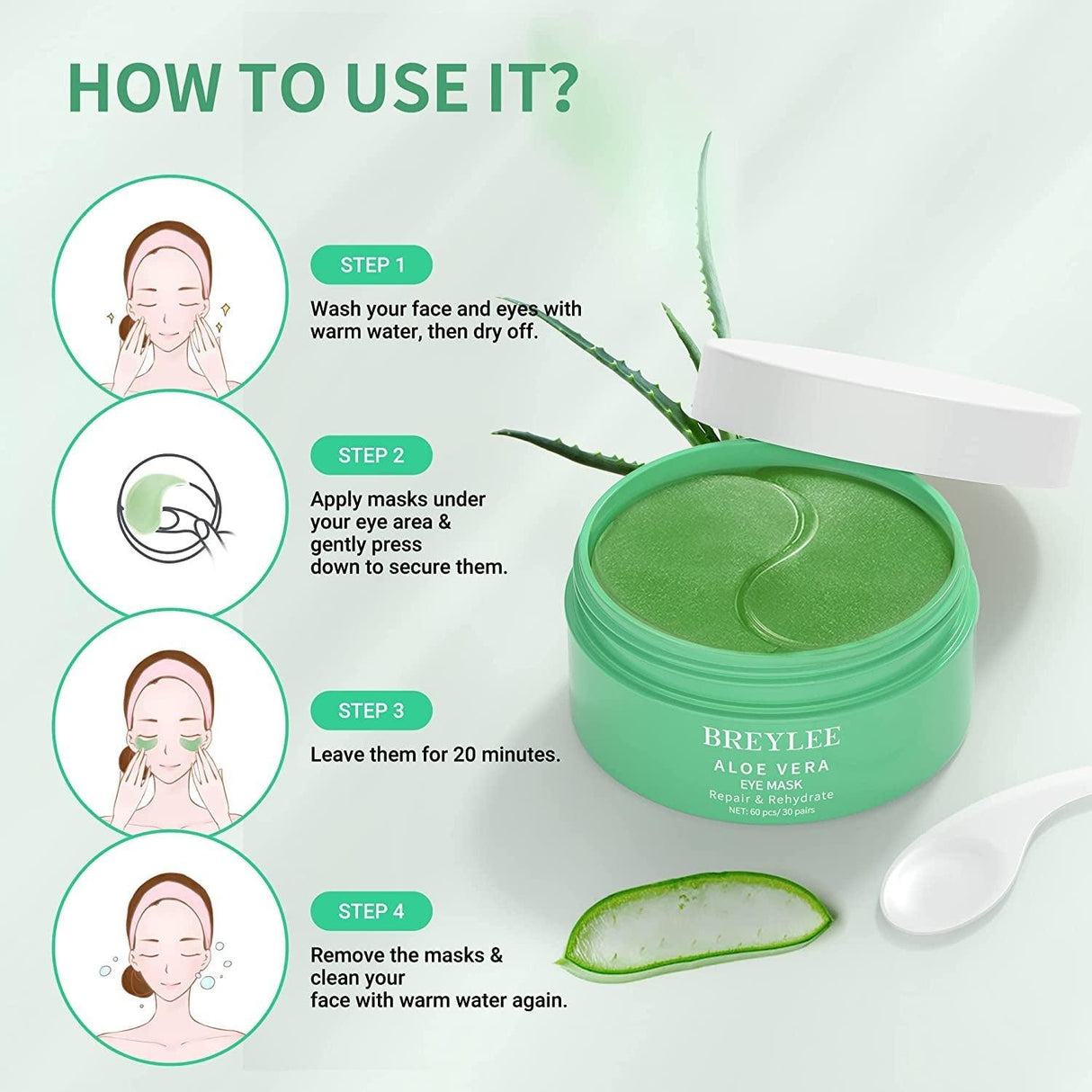 BREYLEE Aloe Vera Eye Mask– 60 Pcs - Puffy Eyes and Dark Circles Treatments – Look Younger and Reduce Wrinkles and Fine Lines Undereye, Improve and Firm Eye Skin - Pure Natural Material Extraction - Supply Center USA