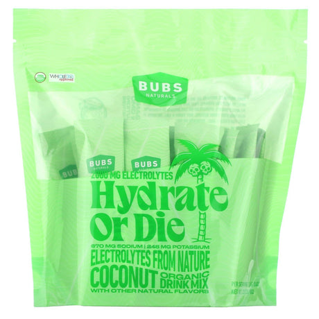 BUBS Naturals, Hydrate or Die, Organic Electrolyte Drink Mix, Coconut, 18 Sticks, 0.4 oz (12.6 g) Each - Supply Center USA