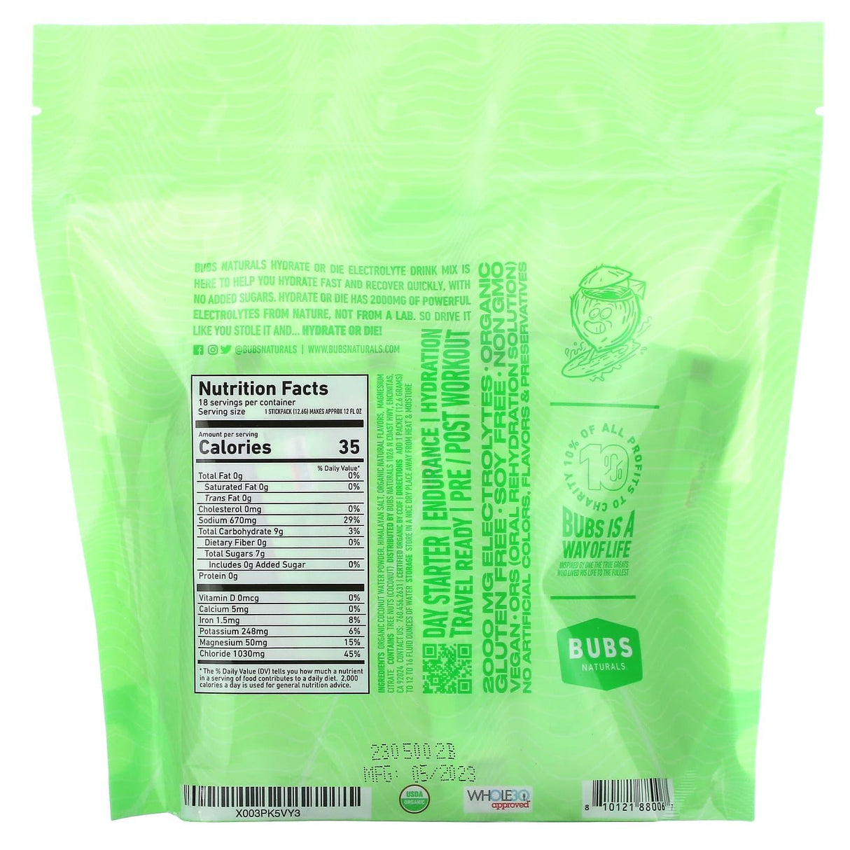 BUBS Naturals, Hydrate or Die, Organic Electrolyte Drink Mix, Coconut, 18 Sticks, 0.4 oz (12.6 g) Each - Supply Center USA