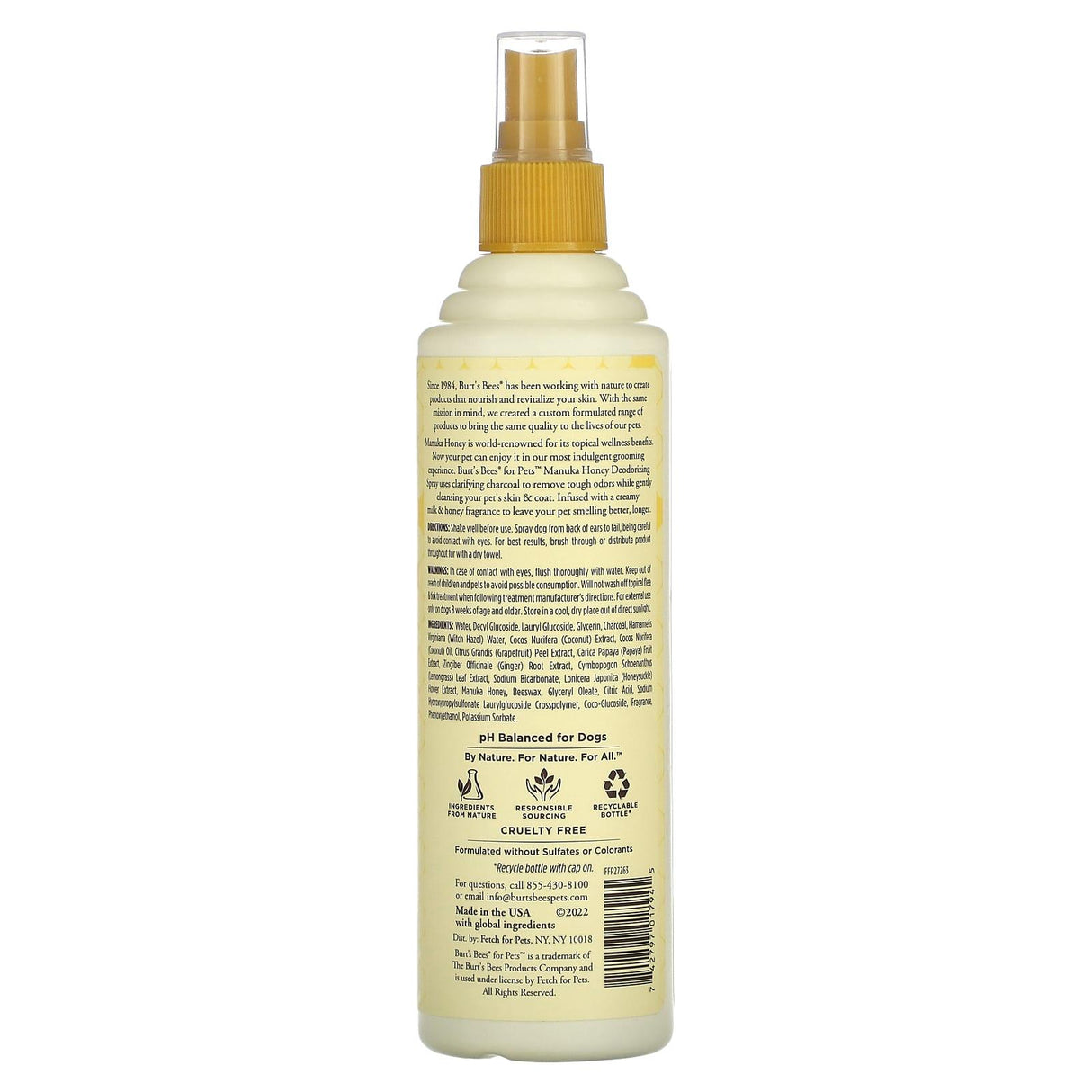 Burt's Bees, Deodorizing Spray For Dogs With Charcoal, Manuka Honey, 10 fl oz (296 ml) - Supply Center USA