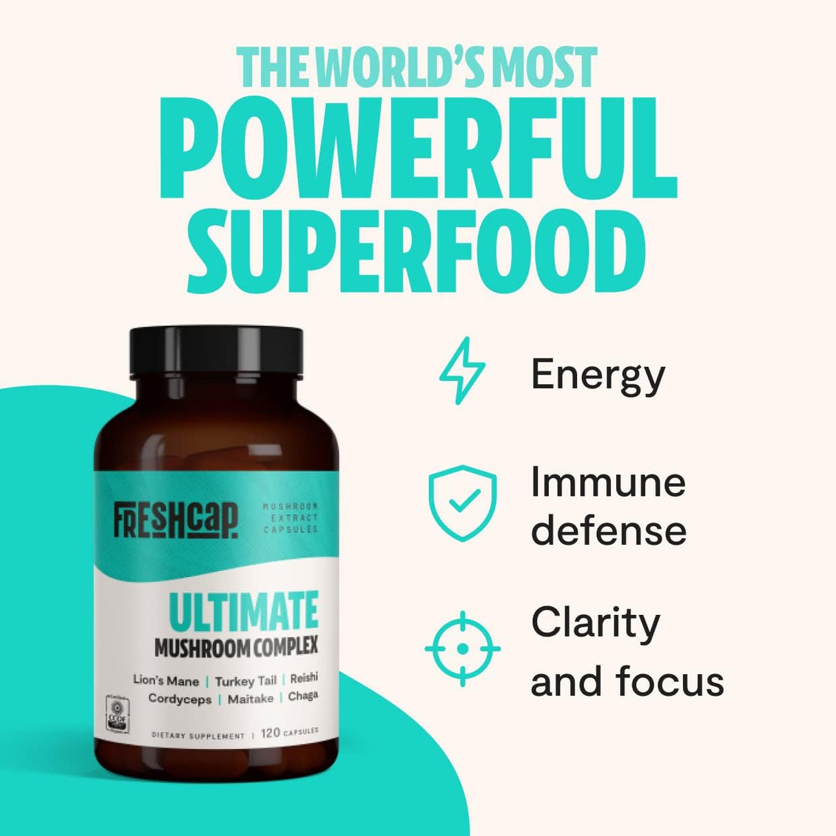 Freshcap Ultimate Mushroom Complex - Ayurveda Lions Mane, Reishi, Cordyceps, Chaga, Turkey Tail, Maitake - Immune Support & Nootropic Supplements for Immunity, Energy, Memory & Focus (120 Capsules)