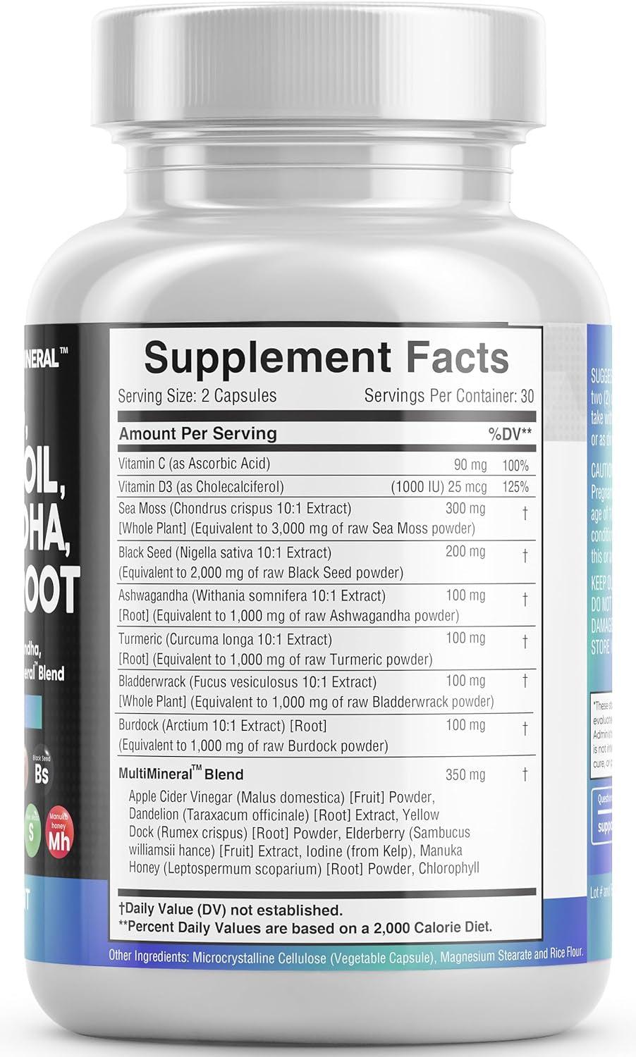 Sea Moss 3000Mg Black Seed Oil 2000Mg Ashwagandha 1000Mg Turmeric 1000Mg Bladderwrack 1000Mg Burdock 1000Mg & Vitamin C & D3 with Elderberry Manuka Dandelion Yellow Dock Iodine Chlorophyll ACV - Supply Center USA