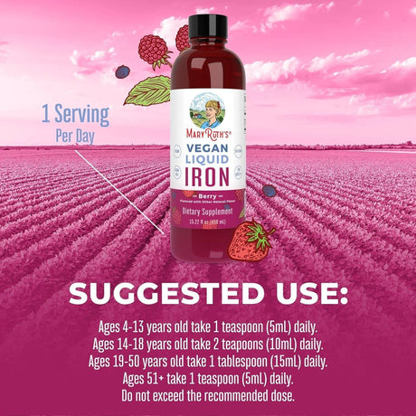 Maryruth Organics Liquid Iron Supplement for Women Men & Kids, Iron for Healthy Blood & Oxygen, Immune Support, Sugar Free, Vegan, Non-Gmo, Gluten Free, 15.22 Fl Oz - Supply Center USA