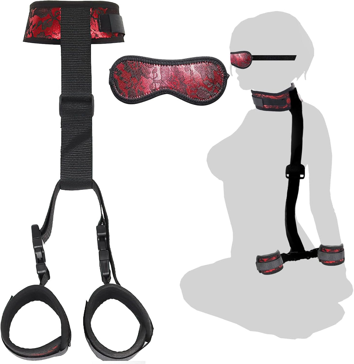 BDSM Neck to Wrist Restraints Bondage Set - behind Back Handcuffs Collar with Blindfold Adjustable Bondage Set Bed SM Games Play Sex Toys for Couples