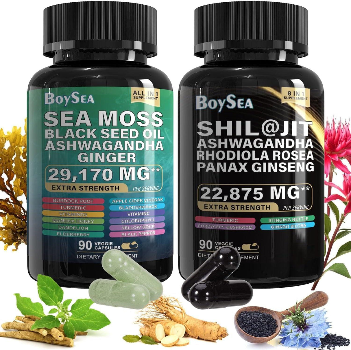 Sea Moss and Shilajit Bundle - 90 Count - Sea Moss 7000Mg, Black Seed Oil 4000Mg, Ashwagandha 2000Mg, Ginger & Shilajit 9000Mg, Rhodiola Rosea 1000Mg, All in 1 Supplements (1 Pack) - Supply Center USA