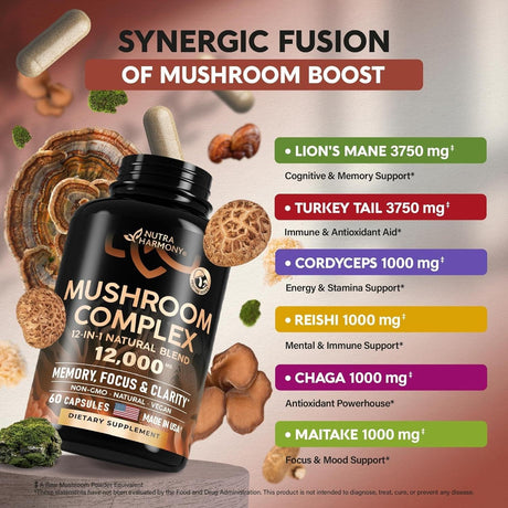 Mushroom Supplement - Organic Lion'S Mane | Turkey Tail | Chaga | Cordyceps | Reishi | Maitake | Shiitake | Meshima | Tremella | Oyster | Agaricus - Made in USA - 12-In-1 Complex 12000 Mg, 60 Capsules - Supply Center USA