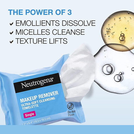 Neutrogena Makeup Remover Facial Cleansing Towelette Singles, Daily Face Wipes Remove Dirt, Oil, Makeup & Waterproof Mascara, Gentle, Individually Wrapped, 100% Plant-Based Fibers, 20 Ct - Supply Center USA