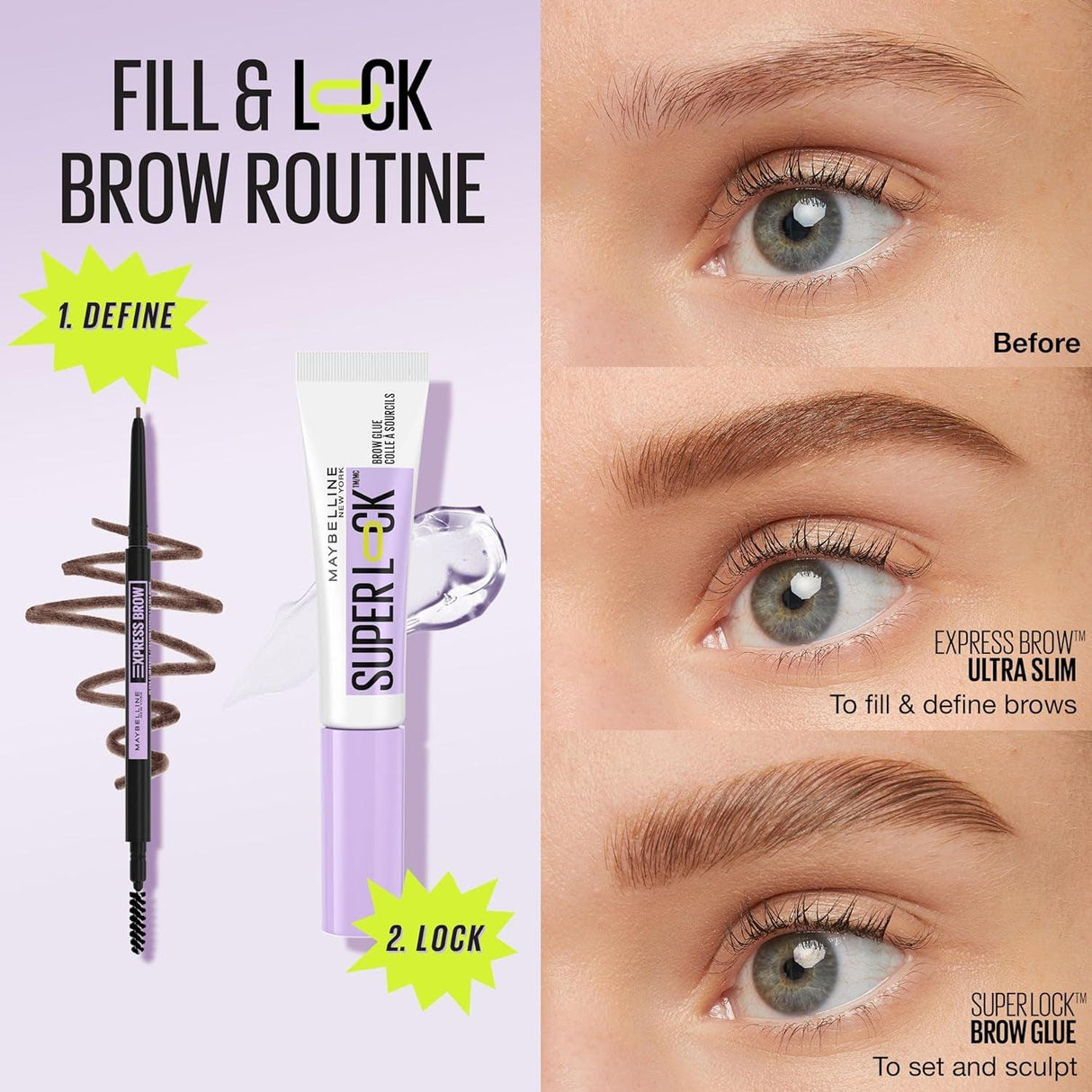 Maybelline Super Lock Brow Glue Eyebrow Gel, Lightweight Brow Gel for up to 24HR Hold, Clear, 1 Count - Supply Center USA