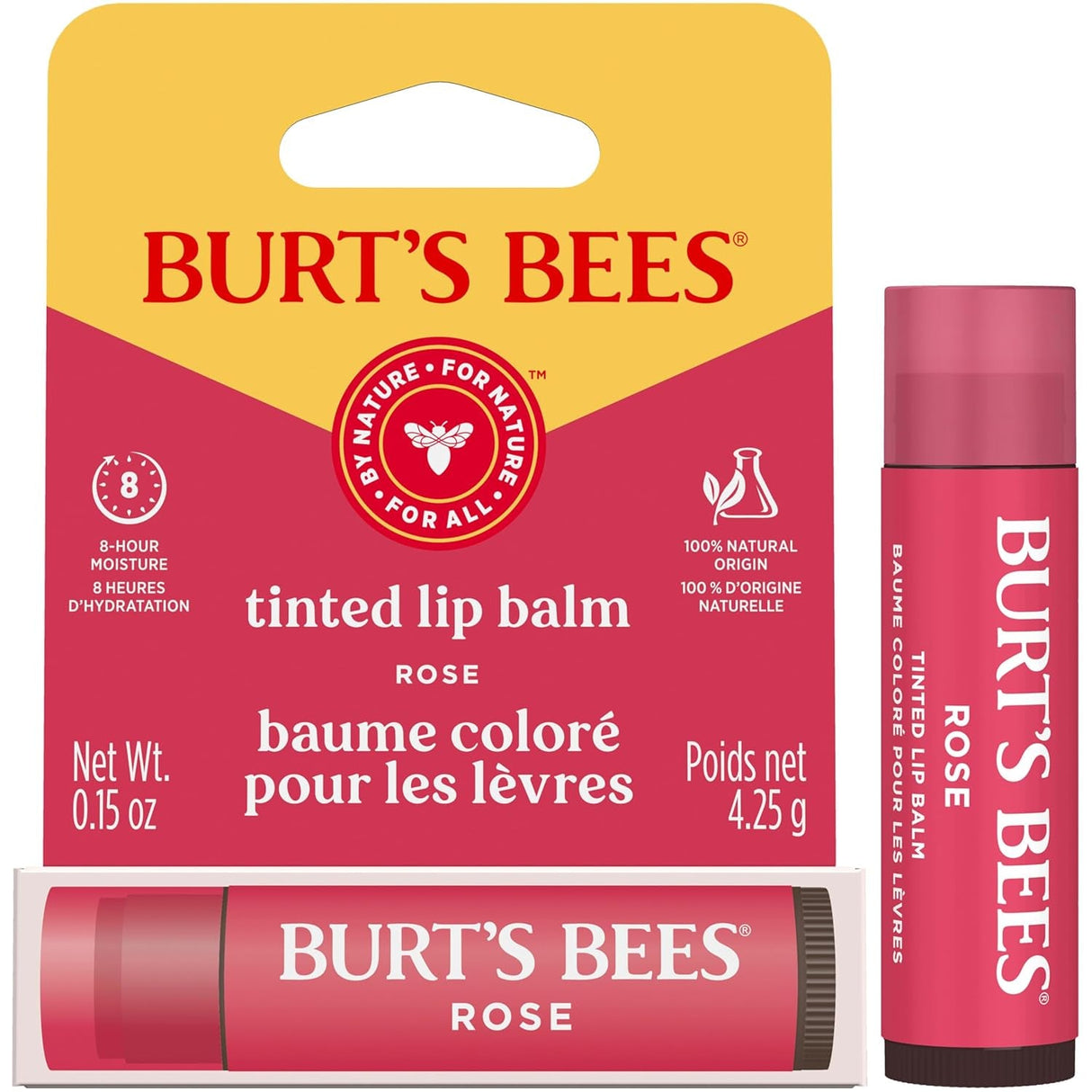 Burt’S Bees Tinted Lip Balm Rose; 8 Hour Moisture; Provides a Hint of Color; Nourishing Shea Butter; 100% Natural Origin; 1 Tube; 0.15 Oz. (Package May Vary)