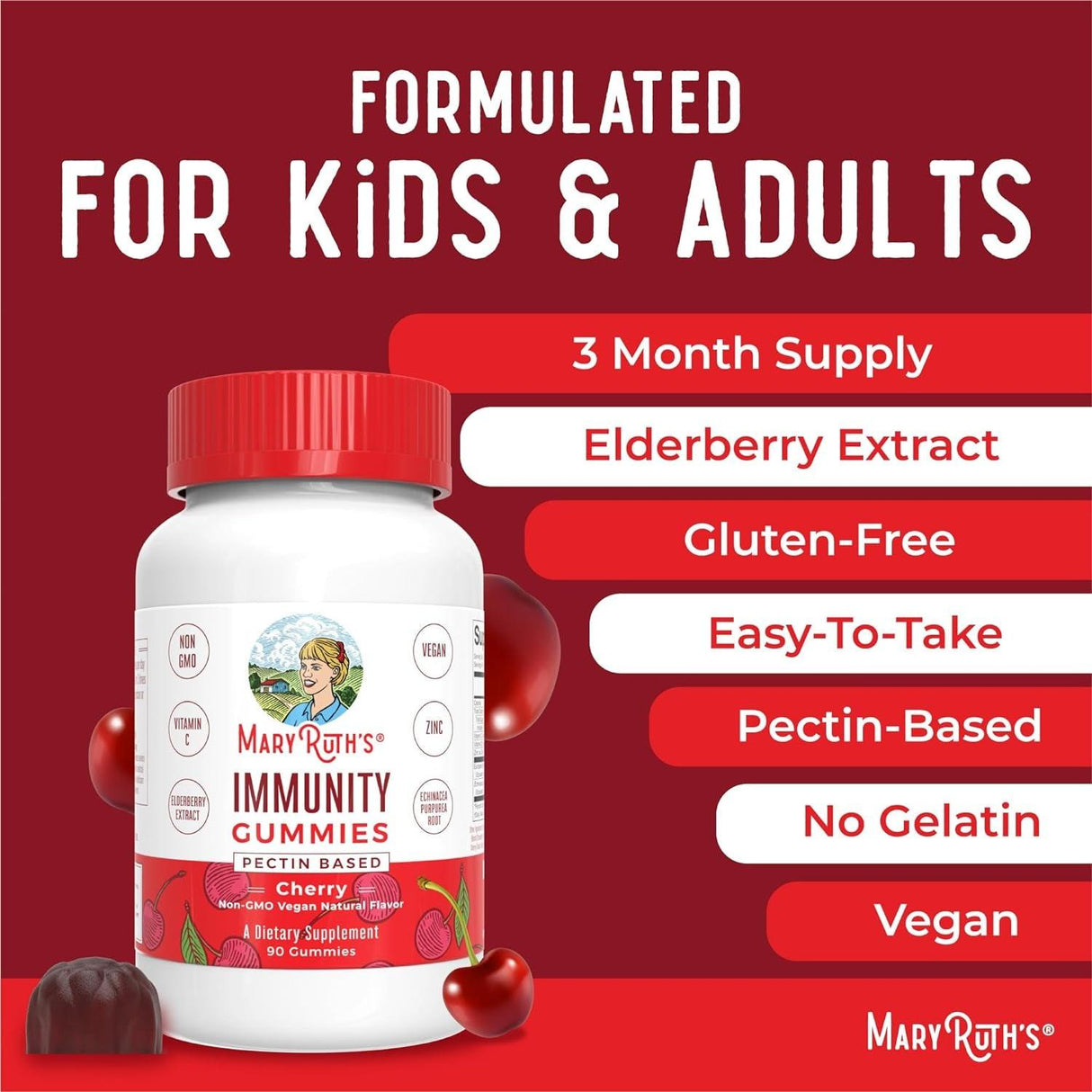 Mary Ruth'S 5-1 Immunity Gummies with Elderberry for Kids & Adults | Cherry | Pectin Based | Vegan | 90 Count - Supply Center USA