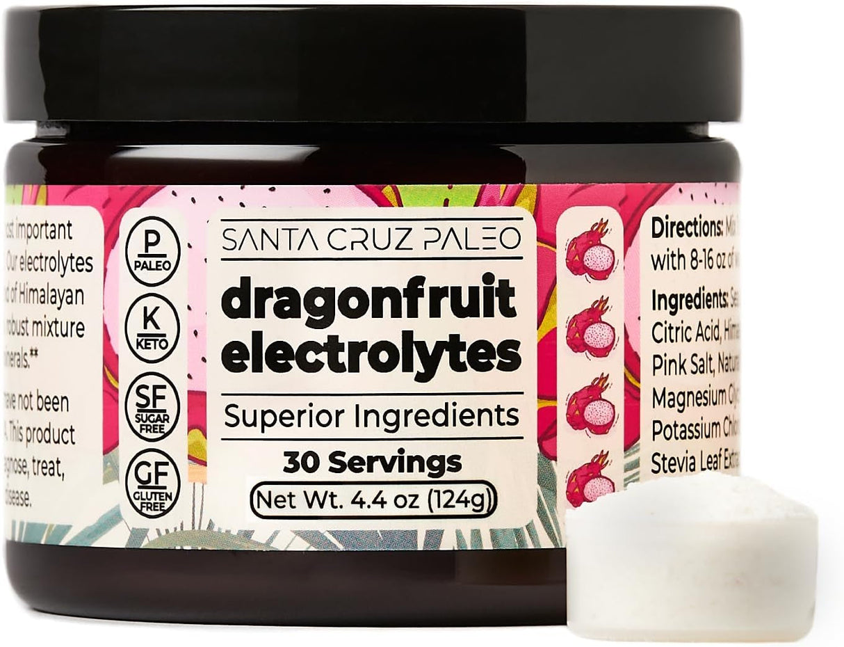 Santa Cruz Paleo Electrolytes Powder with Magnesium Glycinate, Dragonfruit, Hydration Drink Mix Made with Himalayan Pink Salt, Real Sea Salt, Gluten Free, Keto, Sugar Free, Paleo, 30 Servings, 1 Jar