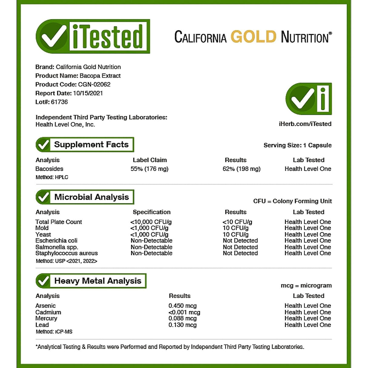 California Gold Nutrition, Bacopa Extract, 320 mg, 30 Veggie Capsules - Supply Center USA