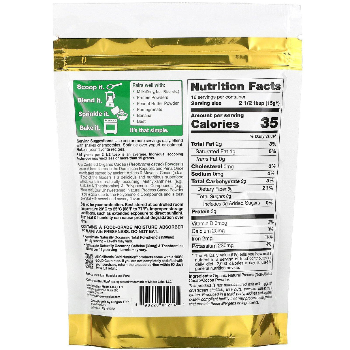 California Gold Nutrition, Superfoods, Organic Cacao Powder, 8.5 oz (240 g) - Supply Center USA