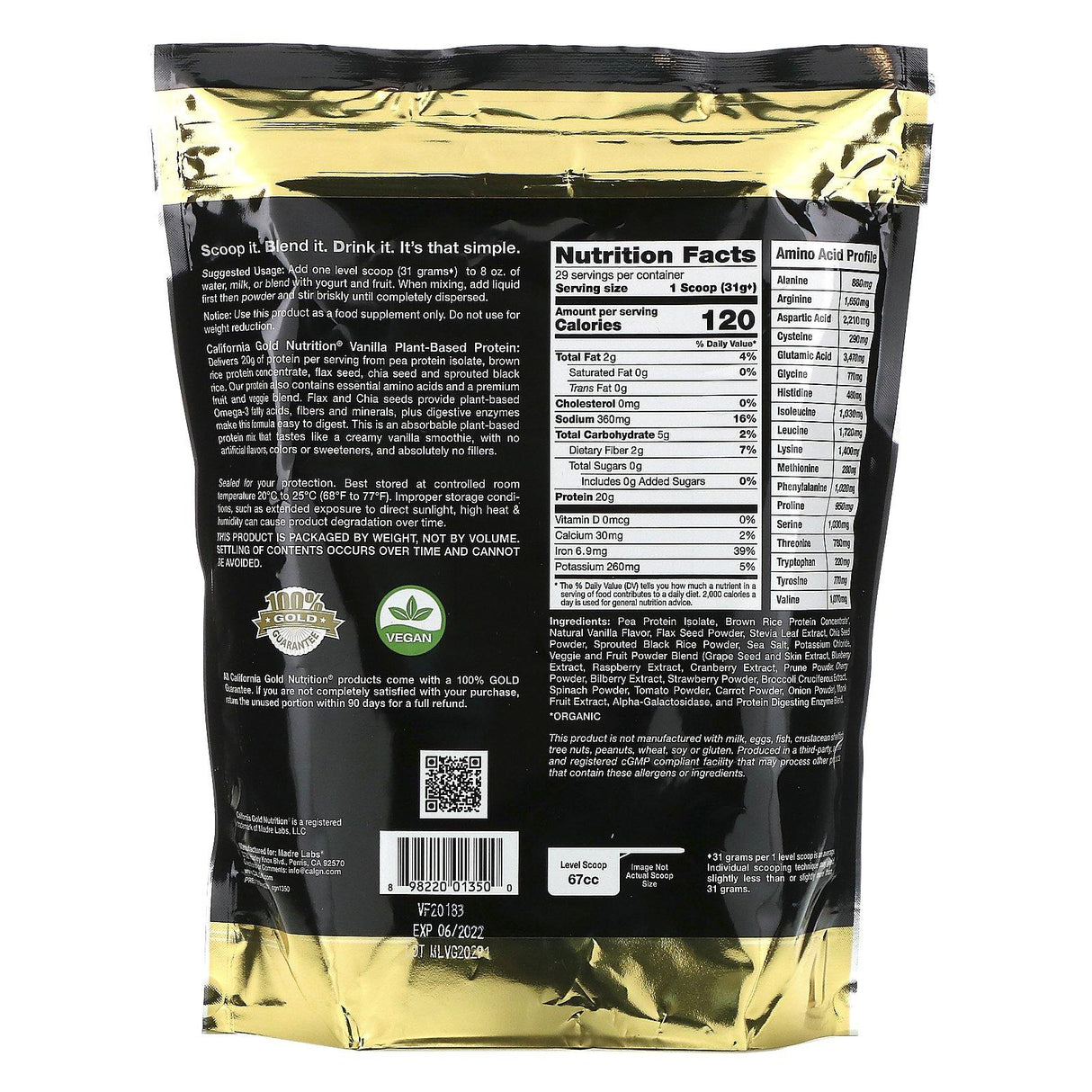 California Gold Nutrition, Vanilla Flavor Plant-Based Protein, Vegan, Easy to Digest, 2 lb (907 g) - Supply Center USA