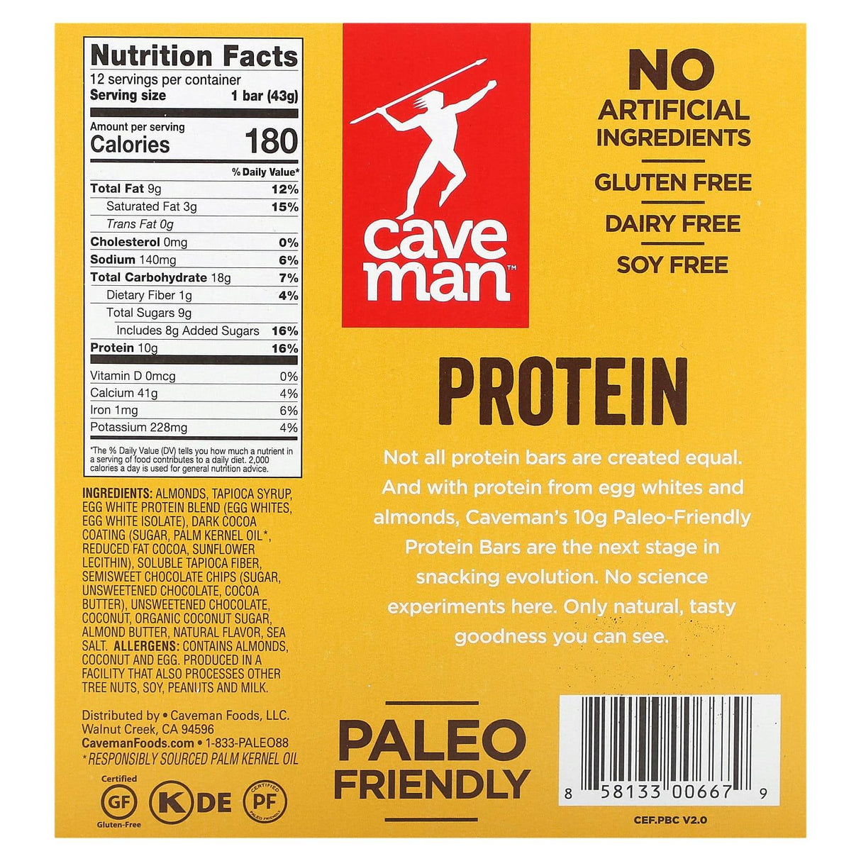 Caveman Foods, Protein Bar, Chocolate Almond Butter, 12 Bars, 1.52 oz (43 g) Each - Supply Center USA