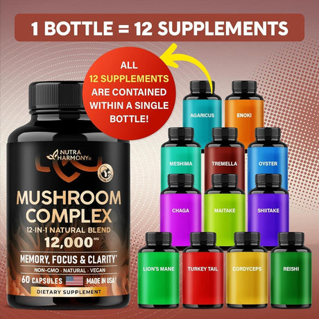 Mushroom Supplement - Organic Lion'S Mane | Turkey Tail | Chaga | Cordyceps | Reishi | Maitake | Shiitake | Meshima | Tremella | Oyster | Agaricus - Made in USA - 12-In-1 Complex 12000 Mg, 60 Capsules - Supply Center USA