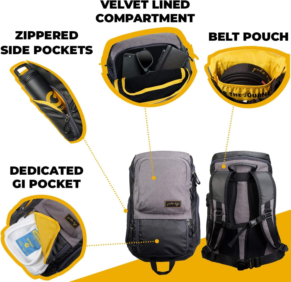 Gold BJJ Jiu Jitsu Backpack - Heavy Duty Gym Bag with Waterproof Gi Pocket