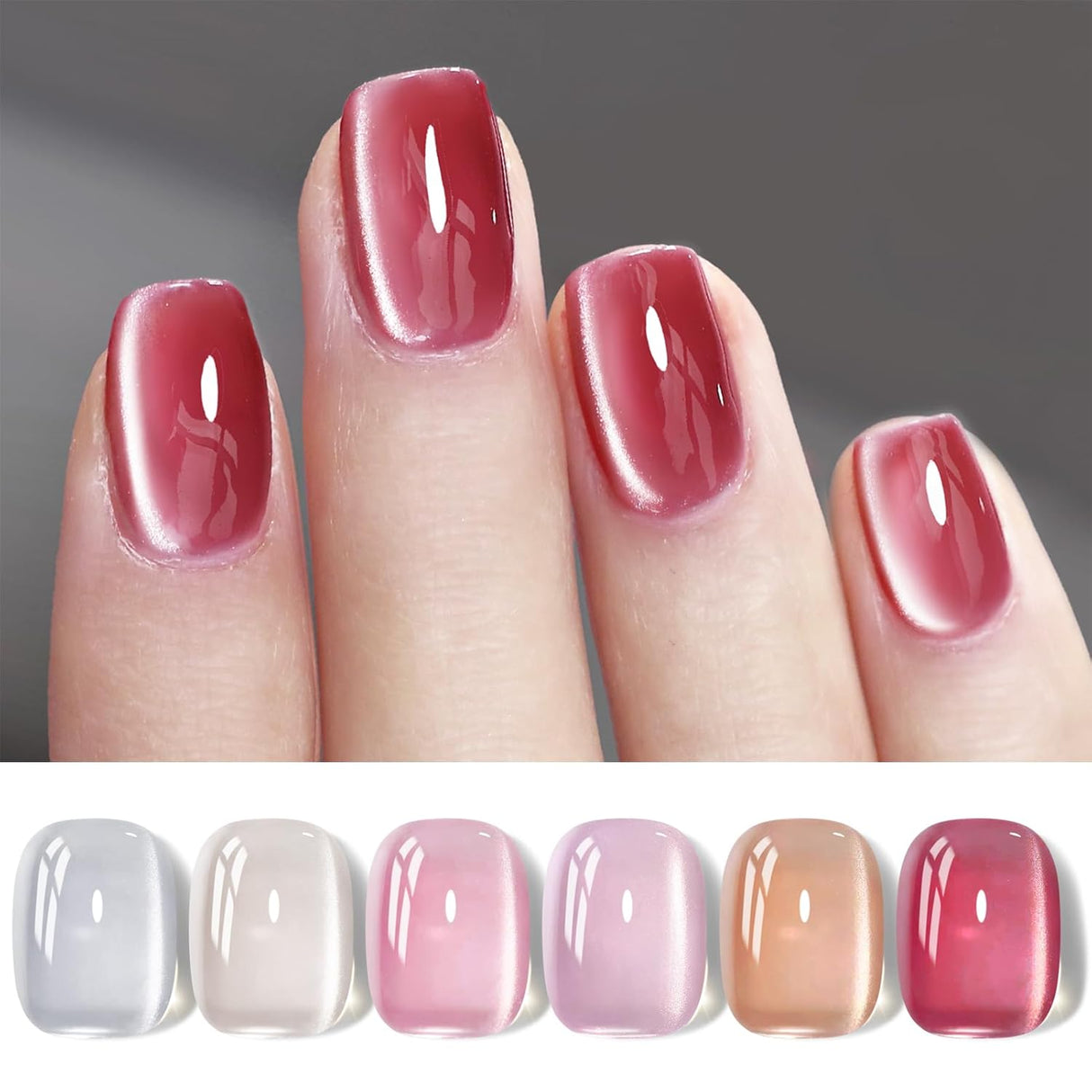 Born Pretty Cat Magnetic Eye Gel Nail Polish, Holographic Glitter Milky Jelly Cat Magnetic Gel Blue Green Purple Pink Nude Silver Nail Art Gel Manicure Salon DIY Gifts 7ML 6PCS