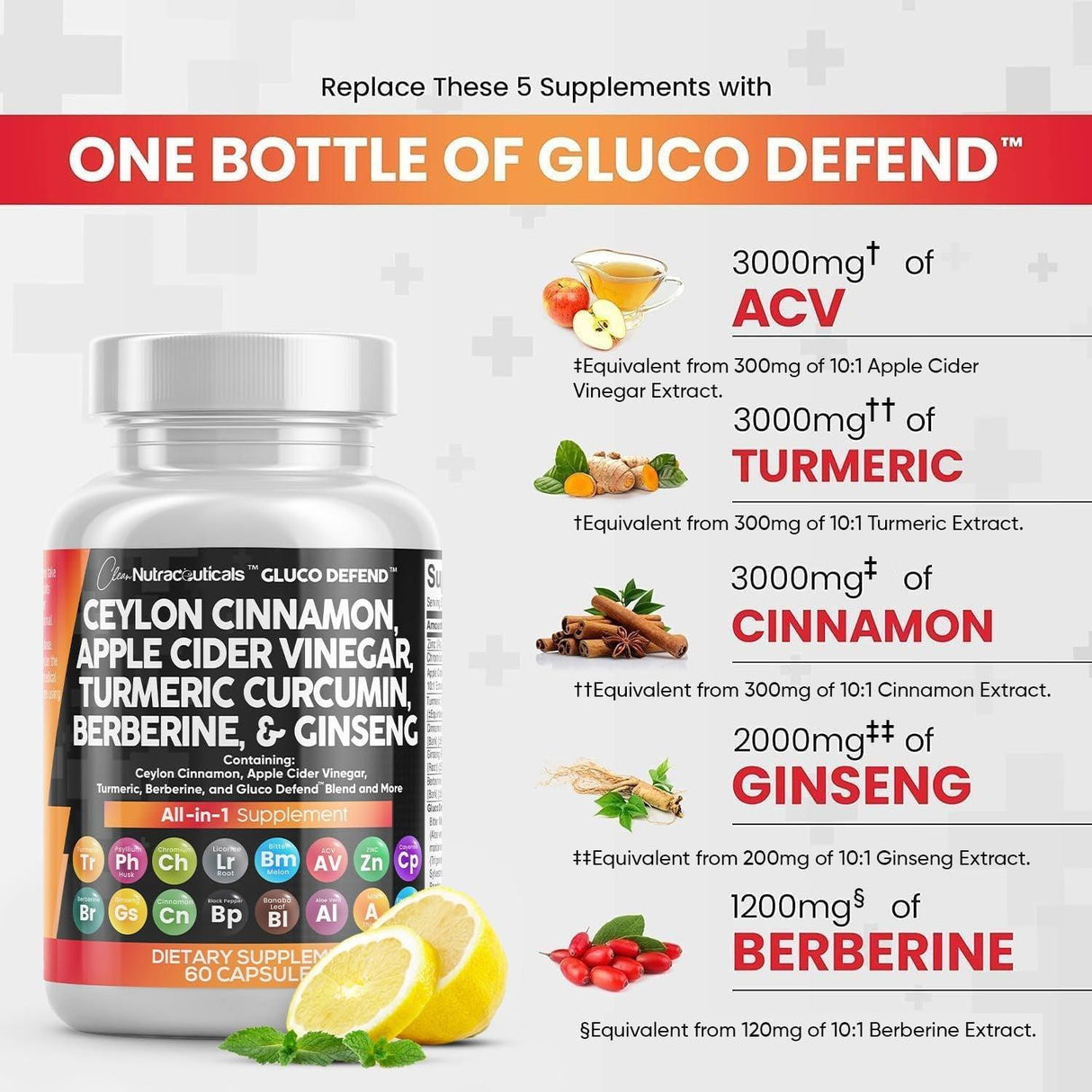 Clean Nutraceuticals Ceylon Cinnamon 3000Mg Turmeric 3000Mg Apple Cider Vinegar 3000Mg Ginseng 2000Mg Berberine 1200Mg plus Bitter Melon Gymnema Milk Thistle Fenugreek - Supply Center USA