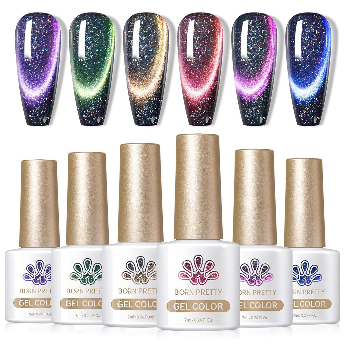 Born Pretty Cat Magnetic Eye Gel Nail Polish, Holographic Glitter Milky Jelly Cat Magnetic Gel Blue Green Purple Pink Nude Silver Nail Art Gel Manicure Salon DIY Gifts 7ML 6PCS
