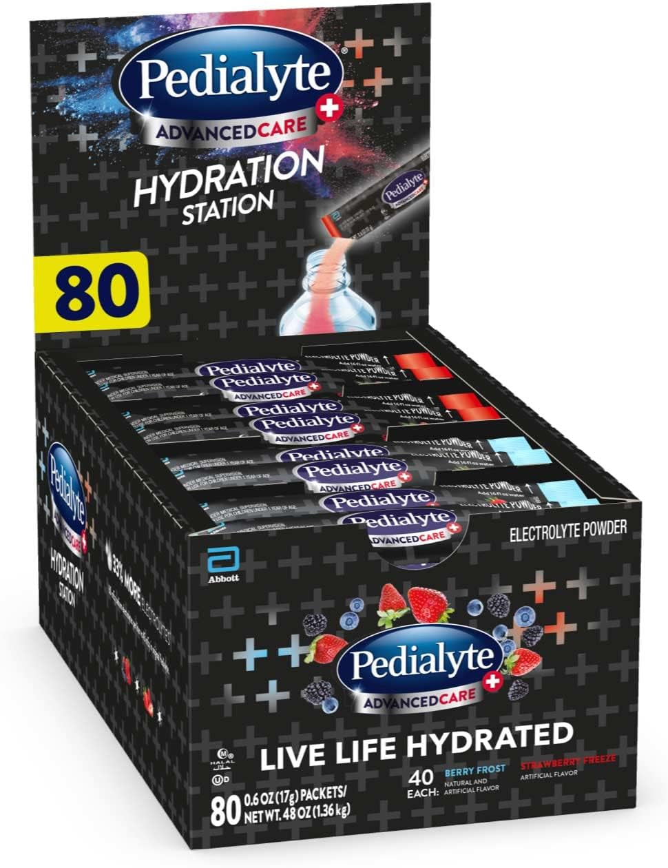 Pedialyte Multi Pack, Electrolyte Hydration Drink, 0.6 Oz Electrolyte Powder Packs, 80 Count
